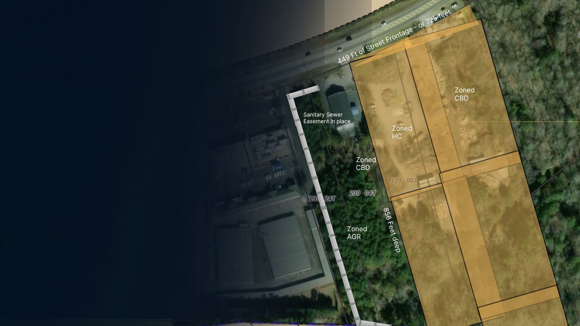 Aerial parcel map of the Keith Bridge Road site showing zoning, frontage, and sewer easement